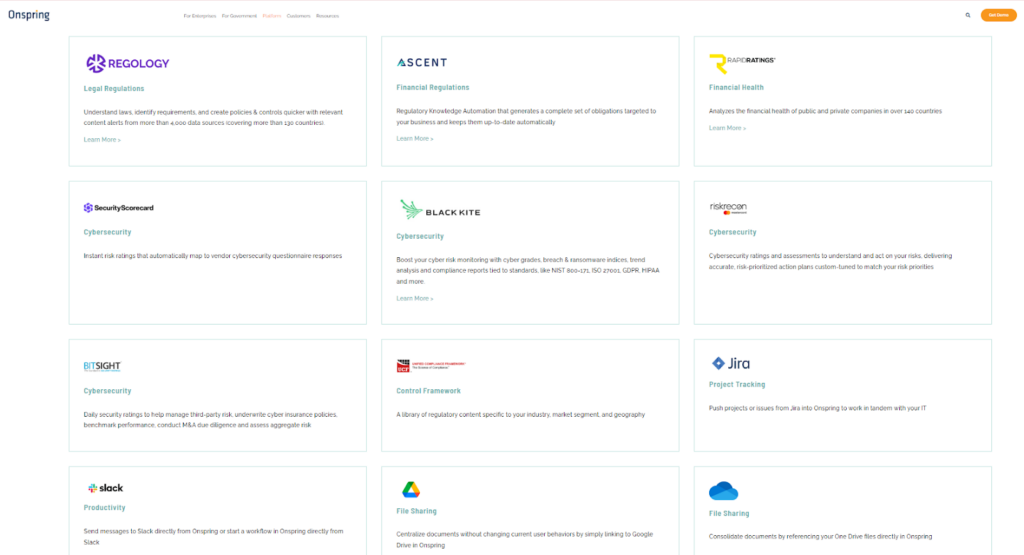 screenshot of onspring integration capabilities