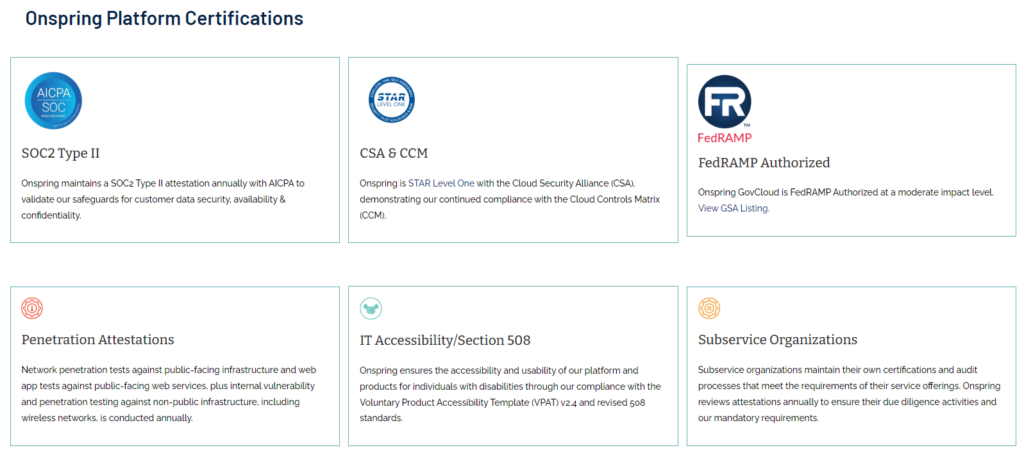 screenshot of onspring security safeguards