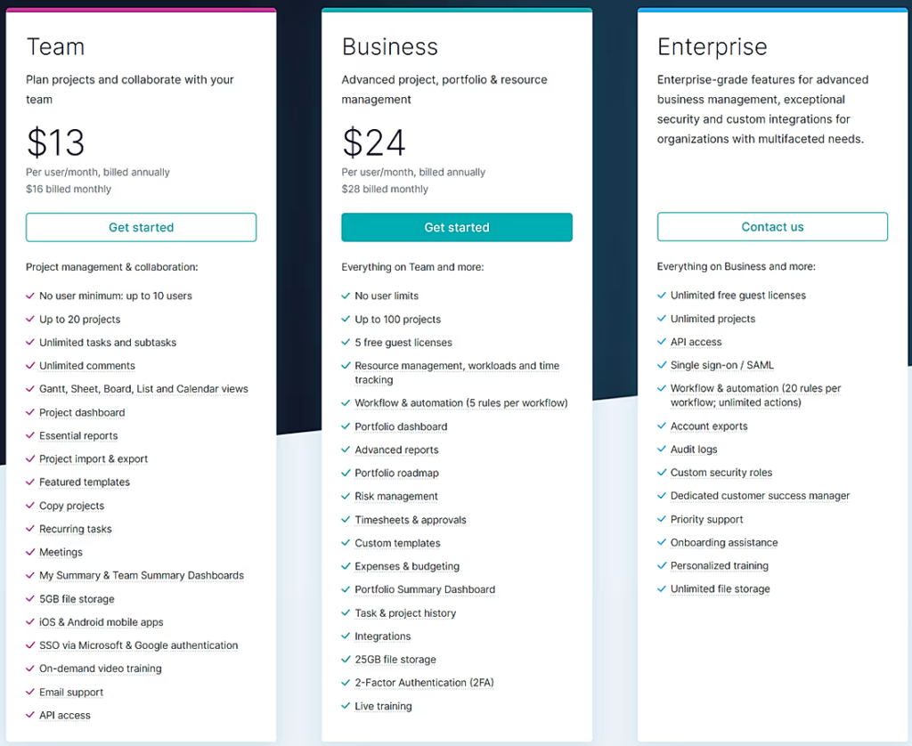 screenshot of projectmanager plan and pricing tiers