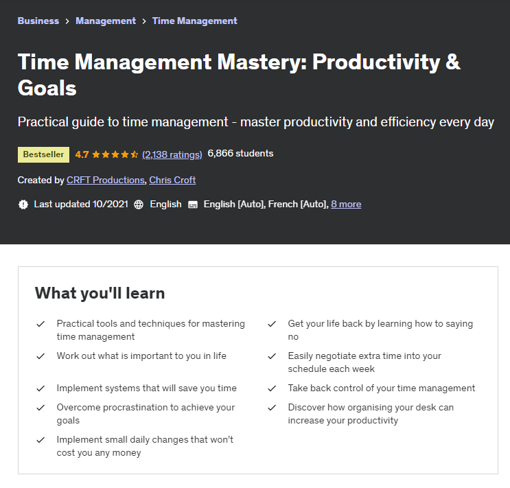 Time Management Mastery: Productivity & Goals course page screenshot
