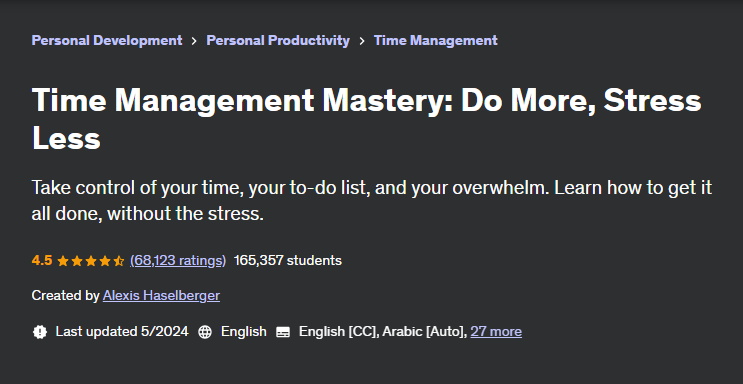 Time Management Mastery: Do More, Stress Less course page screenshot
