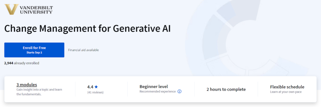 The Change Management for Generative AI course enrollment page screenshot