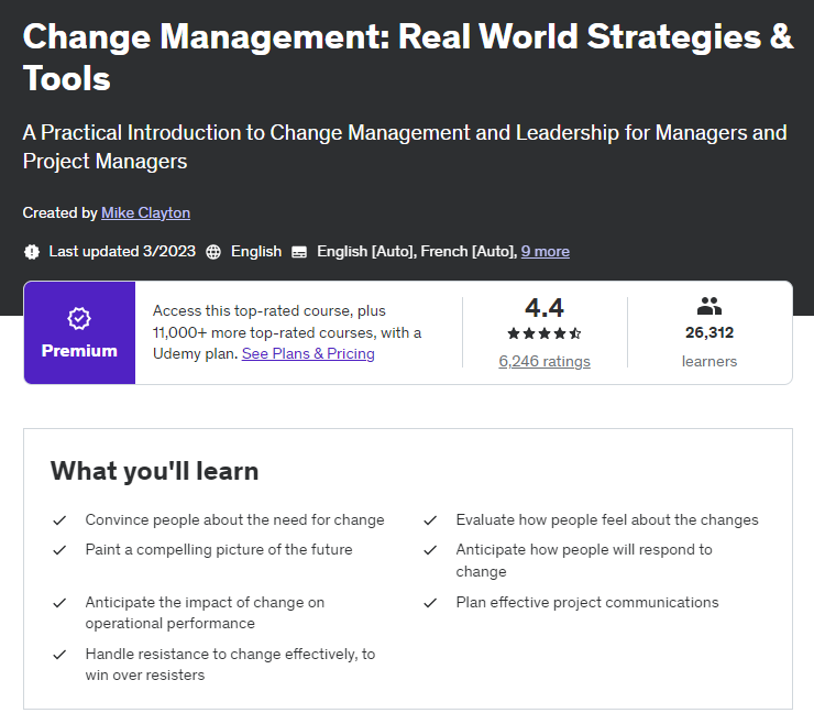 The Change Management: Real World Strategies and Tools course overview page screenshot
