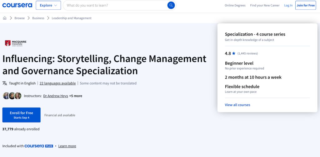 The Influencing: Storytelling, Change Management and Governance Specialization course enrollment page screenshot