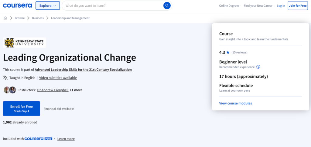 The Leading Organization Change enrollment page screenshot