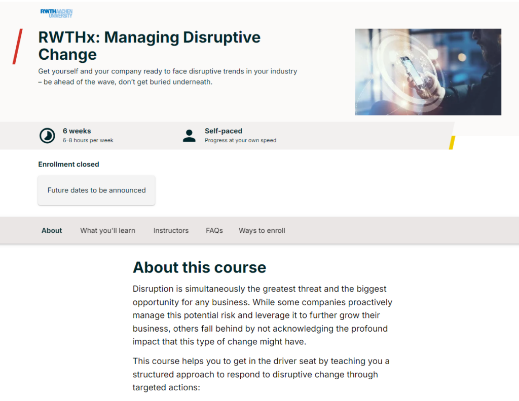 The Managing Disruptive Change course landing page screenshot