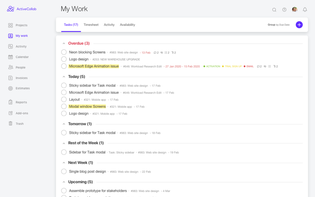 screenshot of activecollab industry specific features