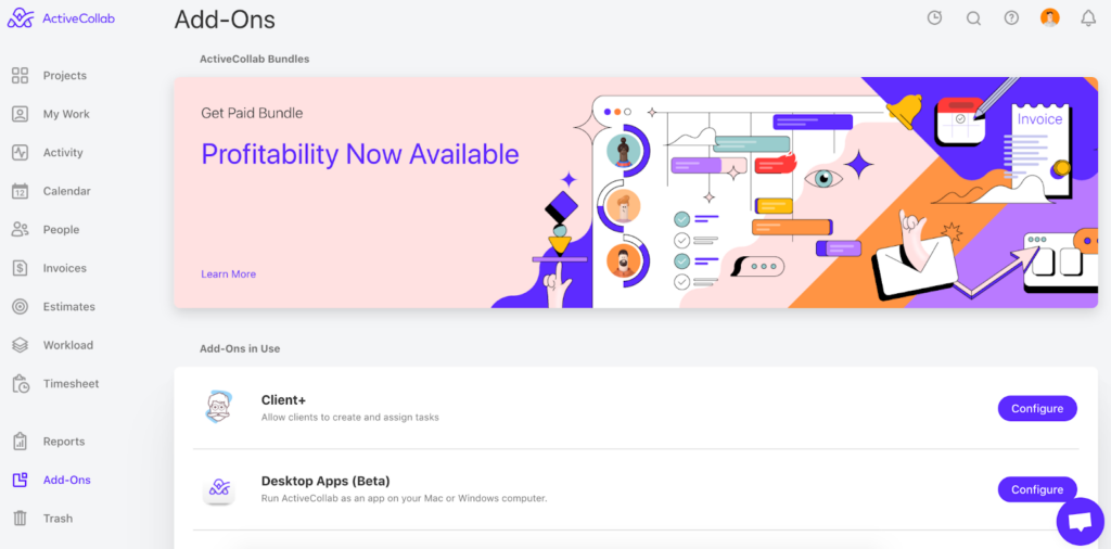 screenshot of activecollab integration capabilities