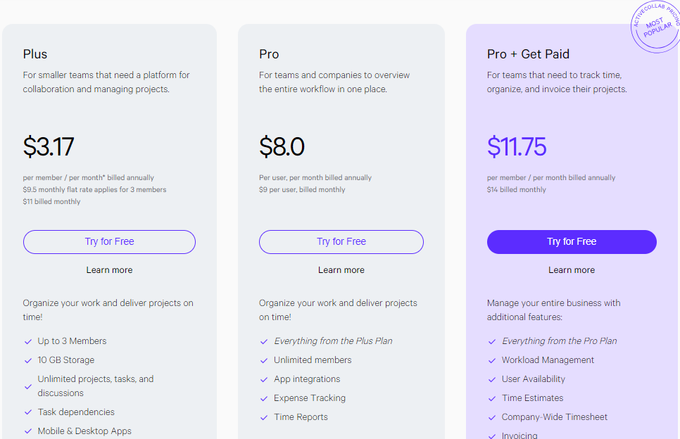 screenshot of activecollab pricing tiers