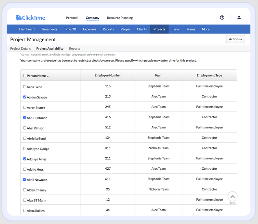 screenshot of clicktime scalability and team size