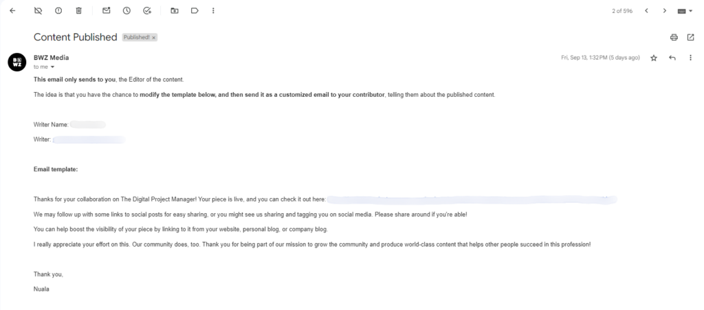 email template is sent to inbox screenshot