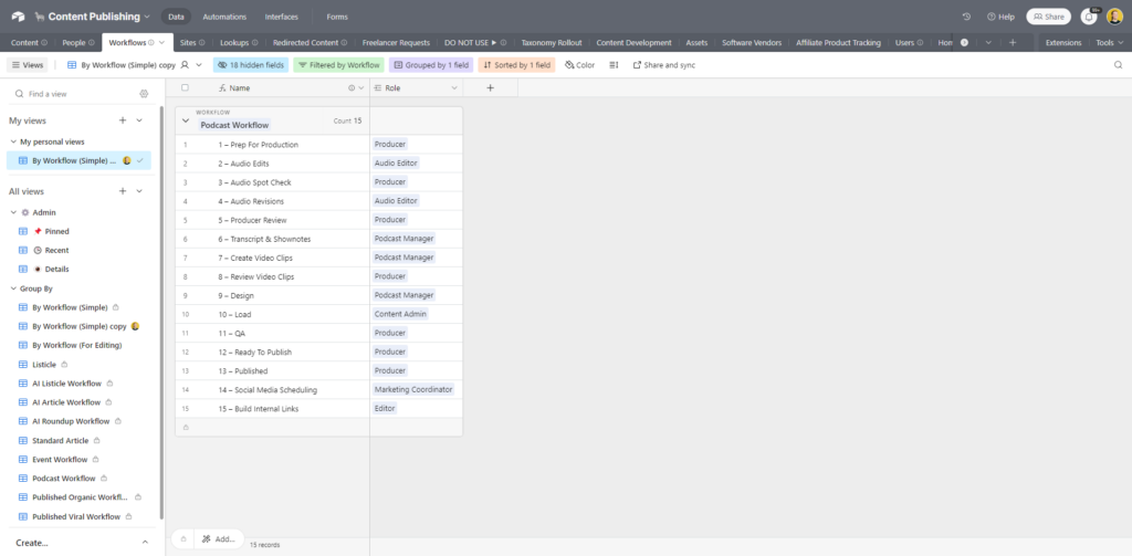 podcast workflow example in Airtable