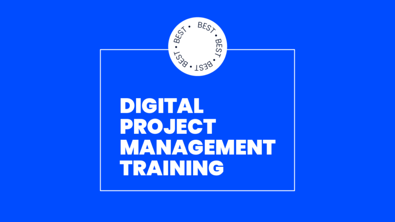 white text on blue background digital project management training