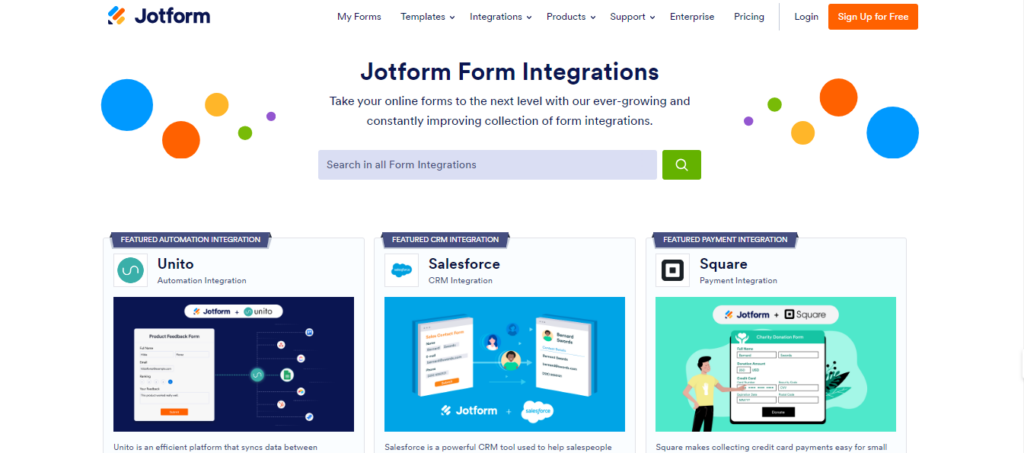 jotform integration capabilities screenshot