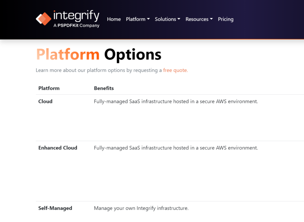 screenshot of integrify offered plans