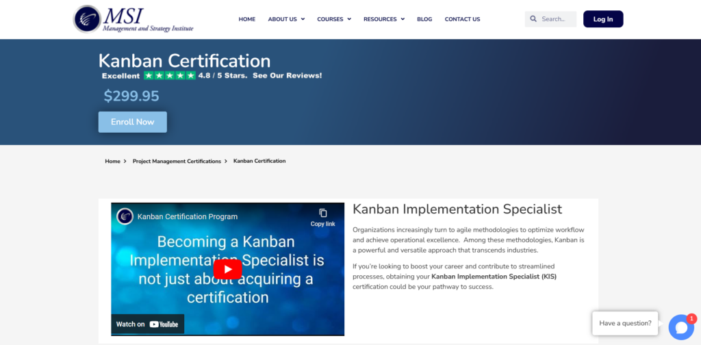 Screenshot of the MSI Kanban Certification web page