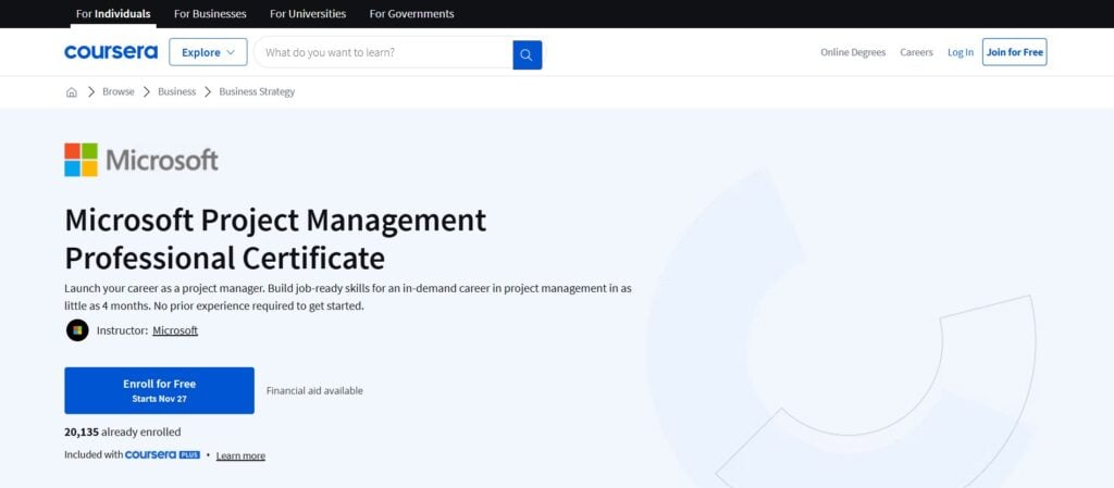 Screenshot of Microsoft Project Management Professional Certificate certification page