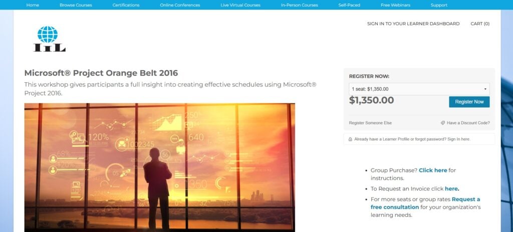 Screenshot of Microsoft® Project Orange Belt 2016 Certificate Landing Page