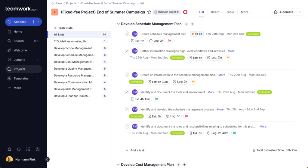 list of tasks with reminders and estimate durations in teamwork