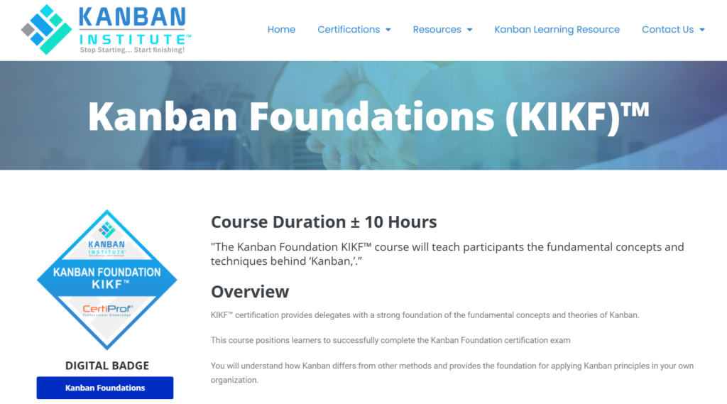 Screenshot of the Kanban Foundations certification web page