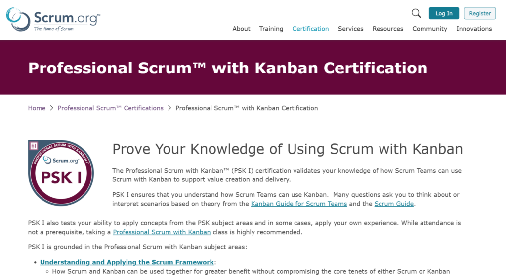 Screenshot of the Professional Scrum with Kanban certification web page