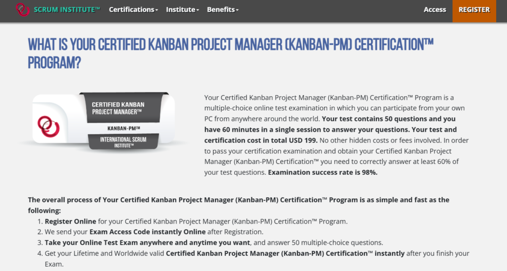 Screenshot of the Certified Kanban Project Manager web page