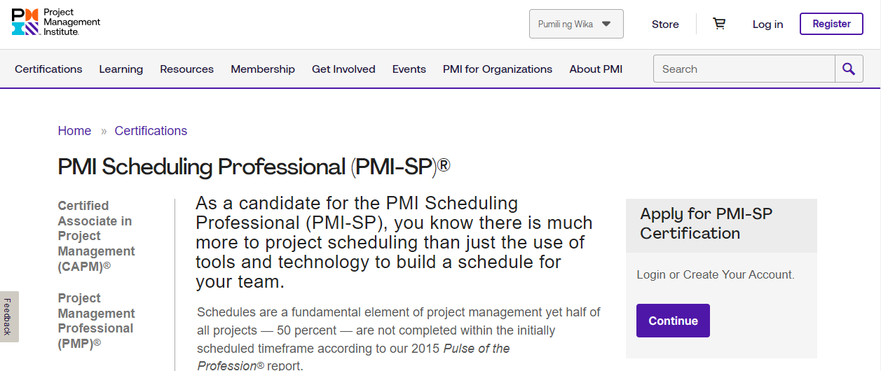 screenshot of certification page for PMI Scheduling Professional (PMI-SP)