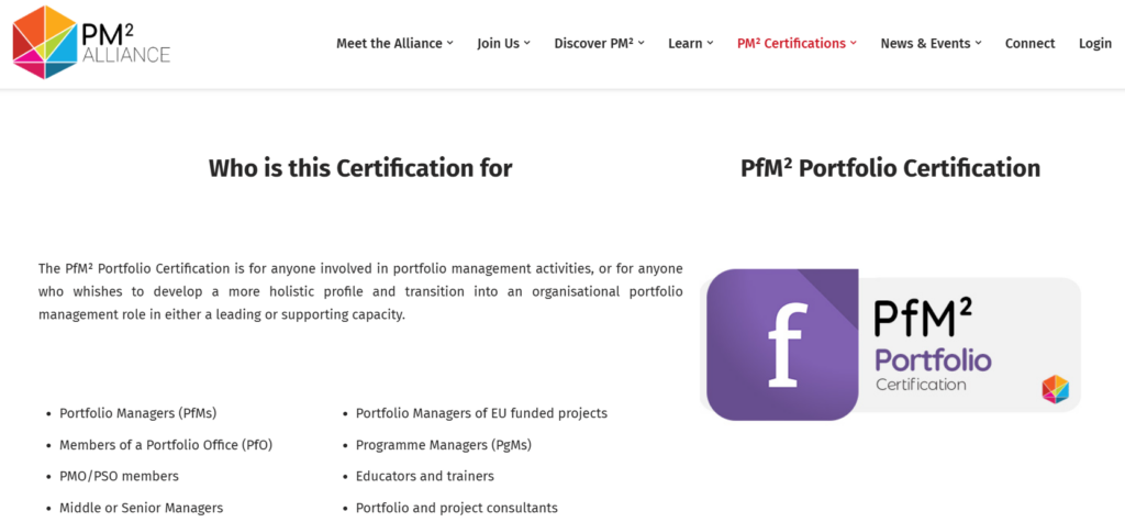 Screenshot of the PfM² Portfolio Certification web page
