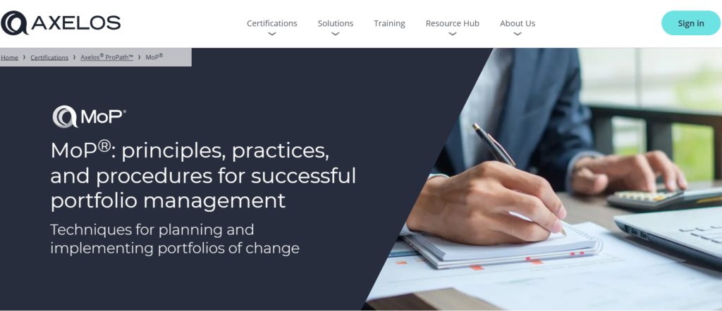 Screenshot of the MoP® certification landing page