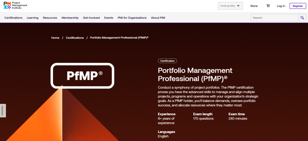 Screenshot of the Portfolio Management Professional (PfMP)® certification web page