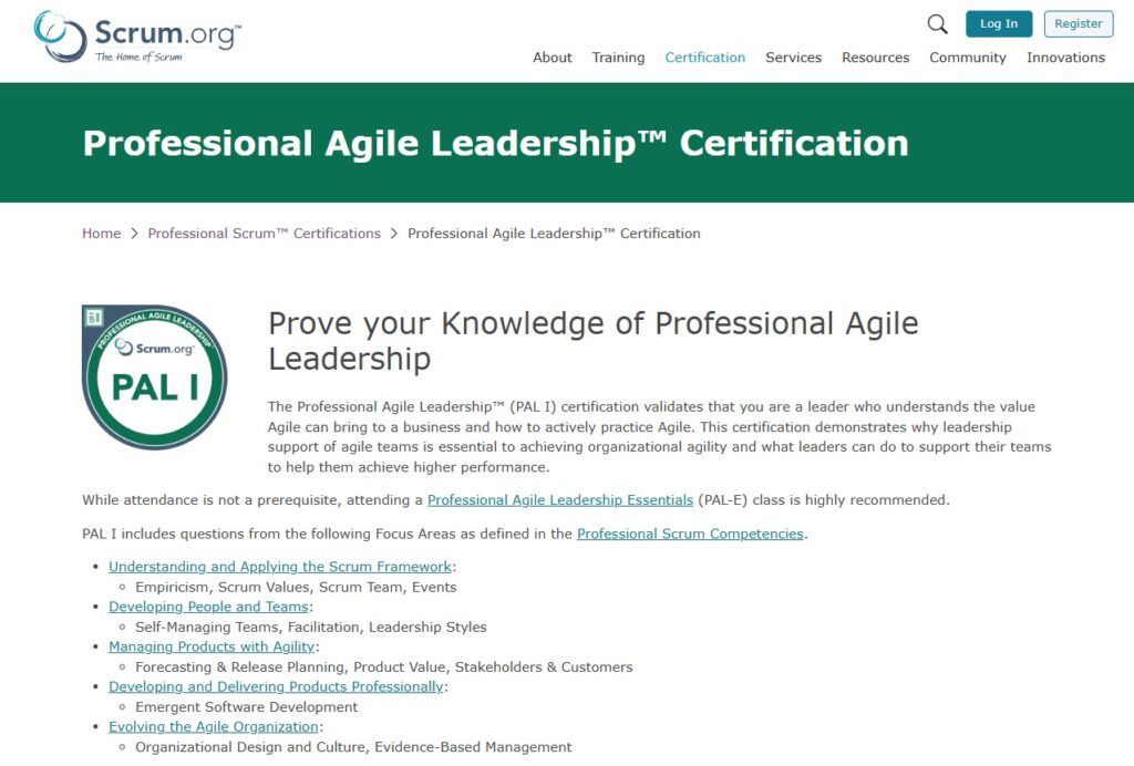 Screenshot of Professional Agile Leadership™ landing page