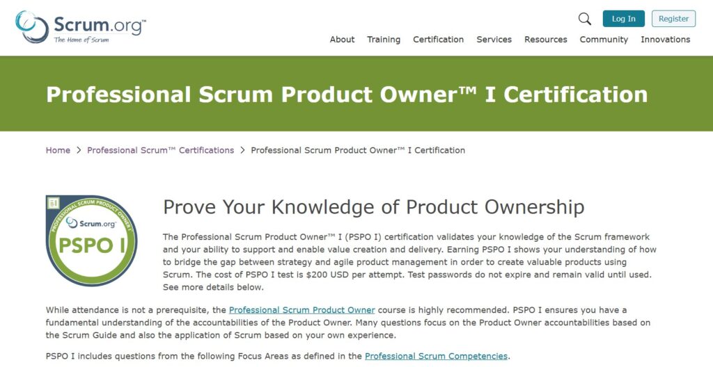 Professional Scrum Product Owner™ certification page screenshot