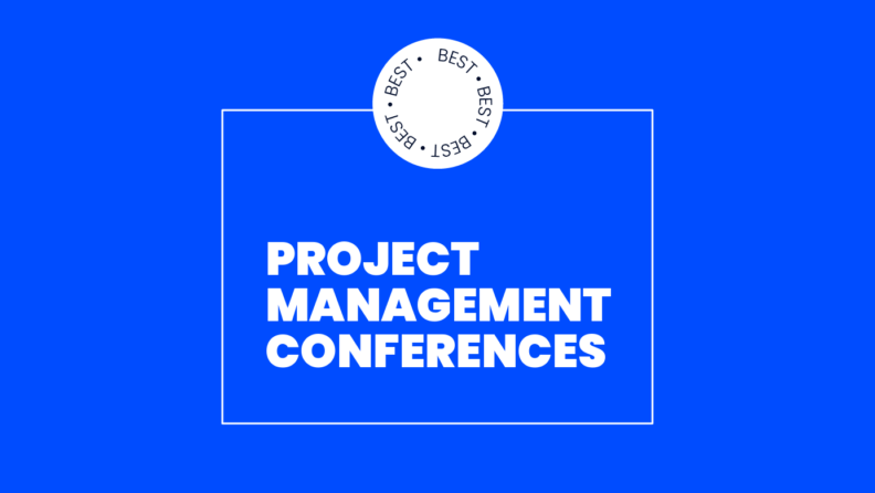 Project management conferences text on blue background