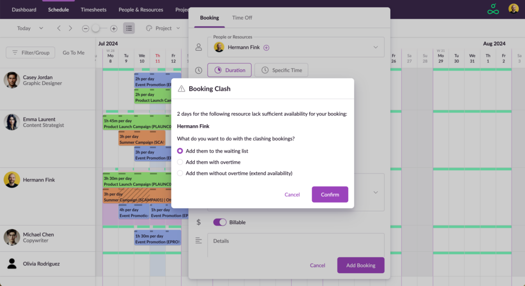Resource Guru - Booking clash screenshot