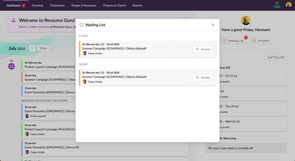 Resource Guru - Waiting list screenshot