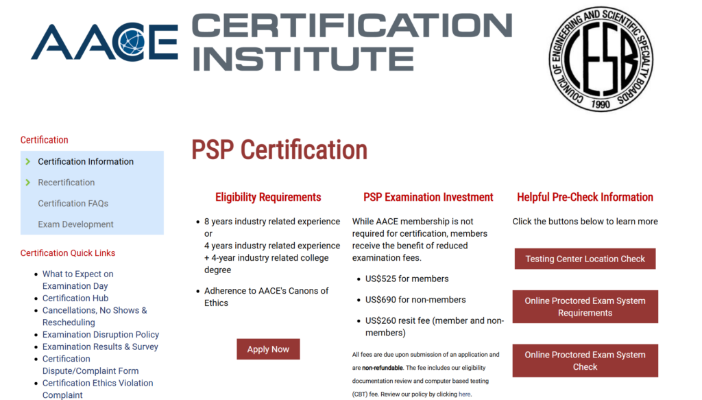 screenshot of AACE Planning & Scheduling Professional certification page