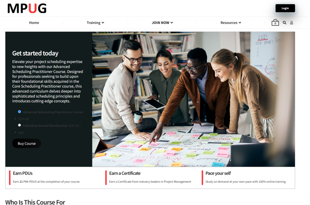 Advanced Project Scheduling Certificate landing page screenshot
