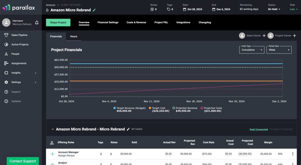 parallax screenshot of project financials overview
