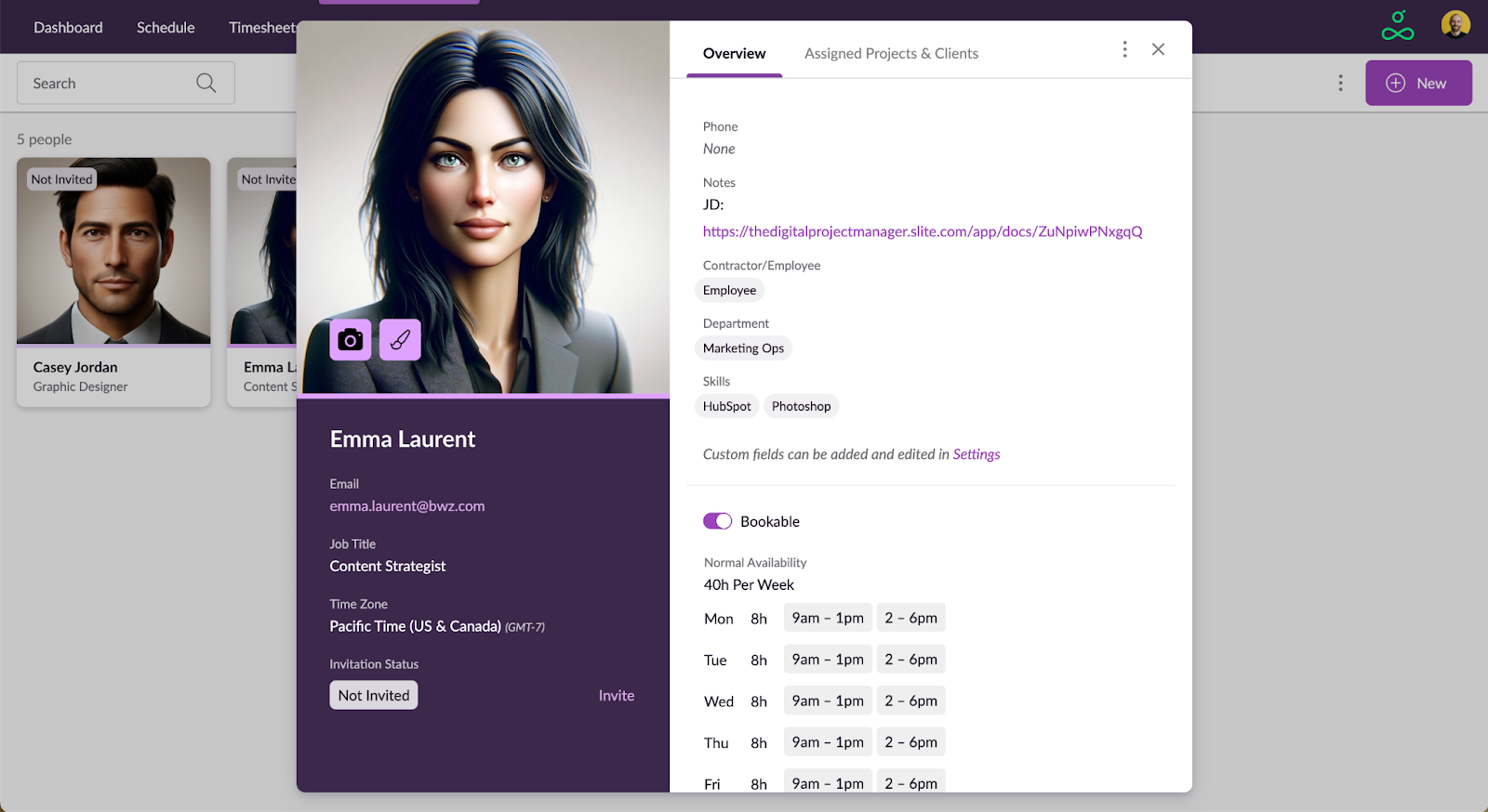 A screenshot of Resource Guru's people profiles, which shows am employee overview, including a person's picture, email, job title, time zone, invitation status, phone number, notes, whether they are a contractor or employee, department, skills, if they are bookable, and their normal availability. In another time, the user can view an employee's assigned projects and clients.