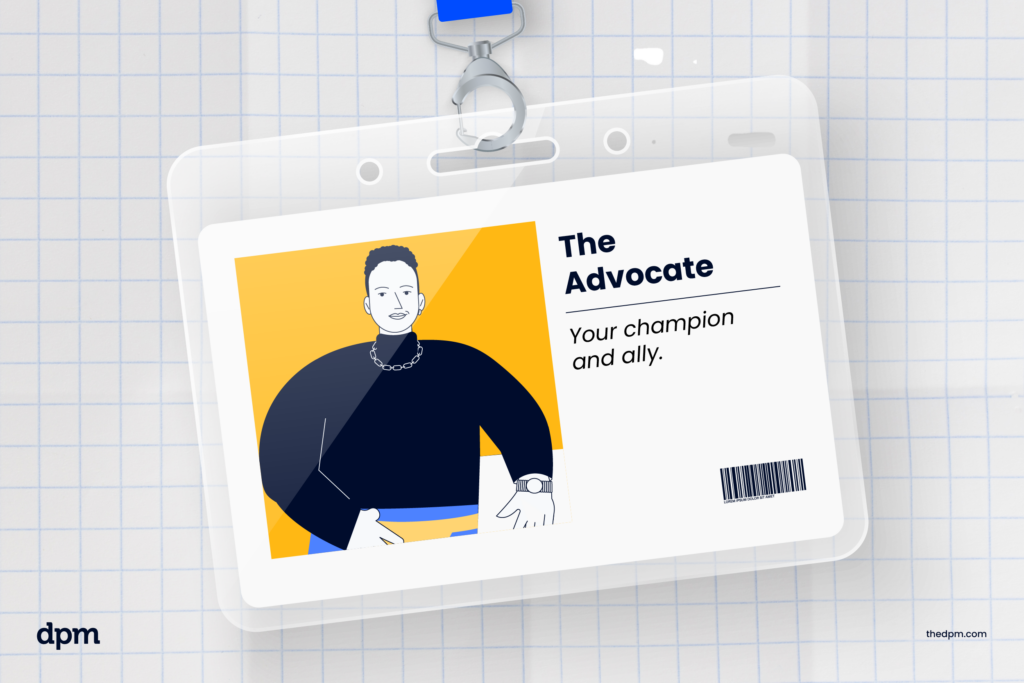 A ID badge with a stakeholder archetype called "The Advocate"