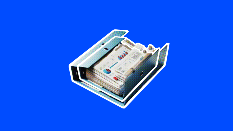 stack of folders on a blue background for project integration management