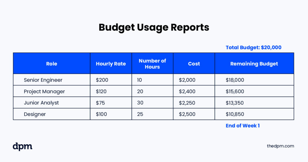 Budget usage report example detailing roles, hours worked, and remaining project budget