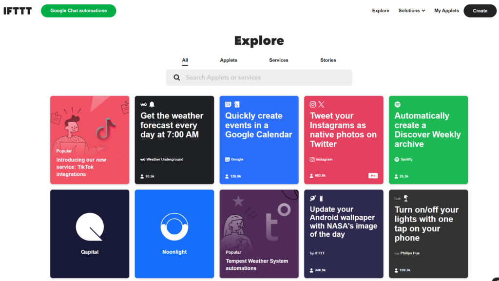 Explore page of IFTTT