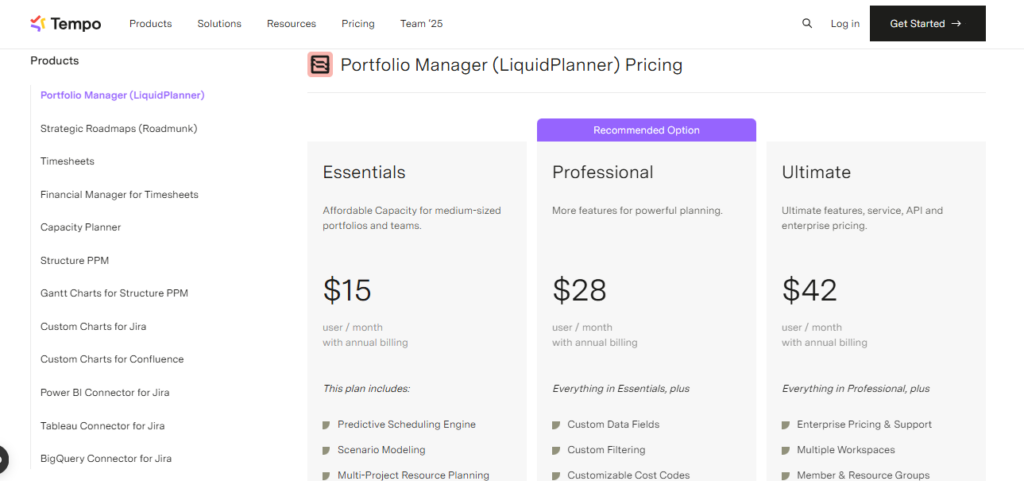 LiquidPlanner pricing screenshot