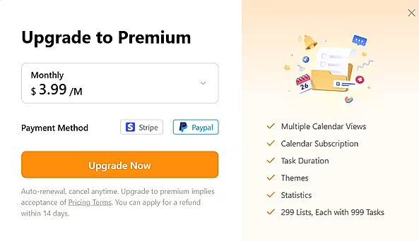 Ticktick's pricing screenshot