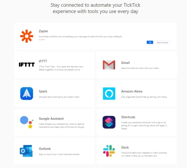 TickTick's integration screenshot