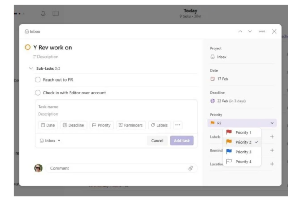 A screenshot of a Todoist task card. This includes the task name, description, project, date, deadline, priority level, and labels, as well as a list of subtasks. Users can also set reminders for the task.