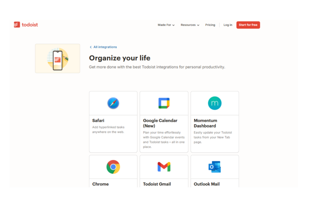A screenshot of Todoist's integrations page, displaying integrations with Safari, Google Calendar, Momentum Dashboard, Chrome, Todoist Gmail, and Outlook Mail.