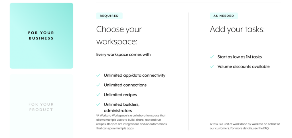 A screenshot of Workato's pricing plans page. It shows the workspace plan and task packages, and their associated features, which are also listed in the table above. Pricing is not listed.