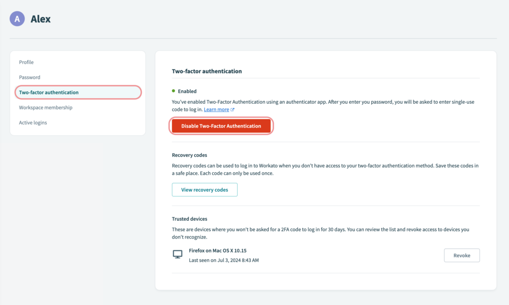 Screenshot of Workato's two-factor authentication setup page. This page allows you to enable or disable two-factor authentication, view recovery codes, and add or revoke trusted devices.